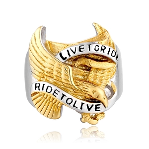 Men's retro stainless steel eagle ring with Live to Ride motorcycle theme engraving