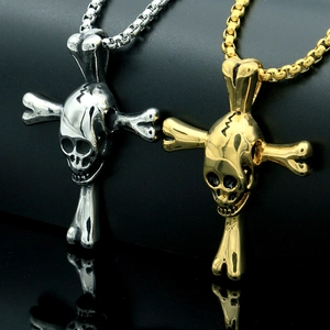 Collier Pendentif Crâne et Os Croisés en Acier Inoxydable Punk pour Hommes Bijoux Hip Hop Gothique Crâne Poli Or Argent Collier Croix