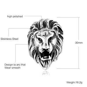 Polished stainless steel lion head ring with punk rock style and intricate 3D details