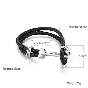 Bracciale in pelle nera intrecciata con chiusura a ancora in acciaio inox per uomo