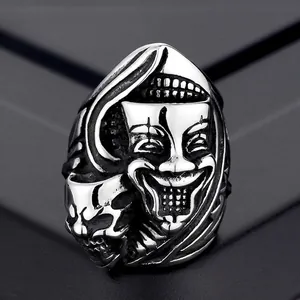 Vintage Gothic Titanium Steel Skull Ring For Men Punk Clown Mask Biker Band Ring Retro Oxidized Silver Jewelry Gift