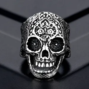 Heren Gothic Punk Titanium Staal Suikerschedel Ring Gesneden Bloemen Vintage Dominant Biker Sieraden Schedel Band Ring