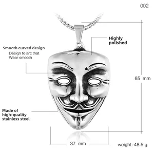 Polished silver stainless steel V for Vendetta mask pendant with dimensions 65x37mm