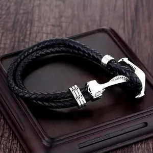 Bracciale in Pelle Intrecciata da Uomo Nautico Chiusura ad Ancora in Acciaio Inossidabile Gioielli Casual Regalo per Lui