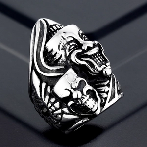 Retro stainless steel men's ring with gothic skull and clown mask relief carvings