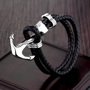 Bracciale da uomo in pelle nera intrecciata a doppio strato con chiusura ad ancora argento
