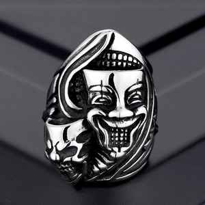 Retro stainless steel ring with stacked clown mask and skull relief design for men