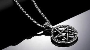 Close-up of vintage silver pentagram pendant with hollow moon design on box chain