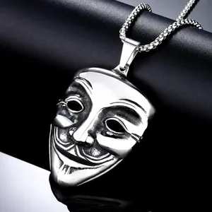 Vintage Κολιέ Μενταγιόν Μάσκα Guy Fawkes από Ατσάλι Τιτανίου για Άνδρες Γοτθικά Πανκ Κοσμήματα Μάσκα Χάκερ