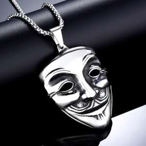 Vintage Titanium Steel Guy Fawkes Mask Pendant Necklace For Men Gothic Punk Jewelry V for Vendetta Hacker Mask Necklace
