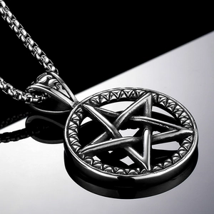 Vintage silver pentagram necklace with hollow moon pendant and box chain for men and women