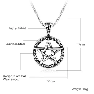 Polished stainless steel pentagram star pendant necklace with 33mm round frame charm