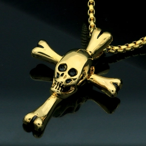 Pendentif tête de mort doré en acier inoxydable style punk avec chaîne maille