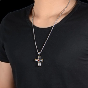 Gothic cross necklace for men with red stone inlay on polished wheat chain