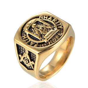 Bague Chevalière Maçonnique en Acier Inoxydable Vintage pour Homme Plaquée Or Argent Équerre et Compas Lettre G Foi Espérance Charité Bijoux