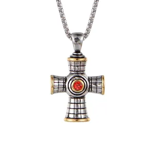 Retro Titanium Steel Cross Pendant Necklace For Men Silver Gold Two Tone Red Rhinestone Inlaid Gothic Punk Jewelry Accessory