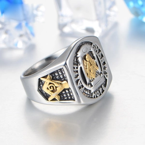 Bague maçonnique homme en acier inoxydable bicolore avec reliefs dorés et symbole G