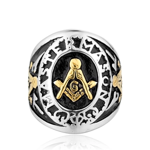 Retro two-tone Freemasonry ring in stainless steel with gold square and compass emblem
