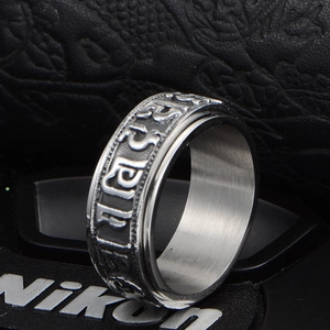 Retro stainless steel mantra ring for men with engraved vintage religious characters