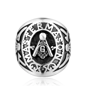 Silver Master Mason Freemasonry ring in titanium steel with polished G compass shield
