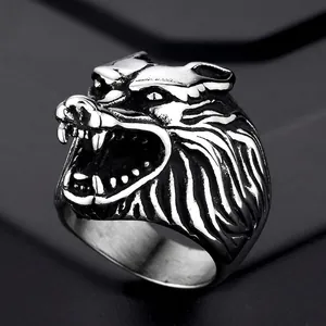 Vintage Punk Men Wolf Head Ring Stainless Steel Gothic Rock Biker Animal Finger Band Statement Jewelry For Men Boys Gift