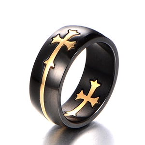 Gothic Stainless Steel Cross Band Ring For Men Black Gold Electroplated Religious Cross Pattern Fashion Jewelry Accessory