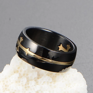 Matte black stainless steel ring with gold thin line and cross star patterns