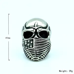 Mens heavy stainless steel skull ring with American flag pattern 41mm height 39g