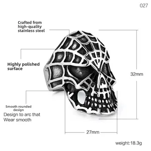 Anillo de calavera para hombre en acero inoxidable pulido con diseño de telaraña
