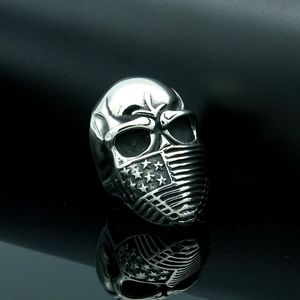 Skull ring with American flag mask design in polished silver stainless steel