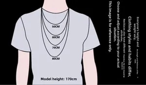 Cross necklace length guide showing 50cm to 80cm options on a 170cm model silhouette