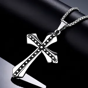 Men Retro Stainless Steel Cross Pendant Necklace Vintage Dotted Pattern Punk Religious Jewelry Gothic Style Silver Gold