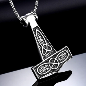 Rock style Thor's Mjölnir hammer pendant necklace with Celtic knot patterns