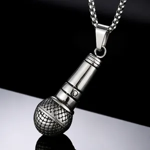 Collar con Colgante de Micrófono de Acero Inoxidable Hip Hop para Hombre Joyería de Cantante de Rock Oro Plata
