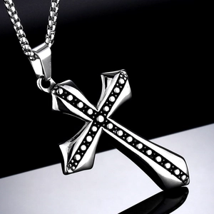 Men's punk stainless steel cross pendant necklace with dotted texture and box chain