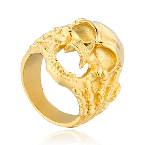 Vintage golden skull ring for men featuring gothic skeleton hand design and polished metal finish