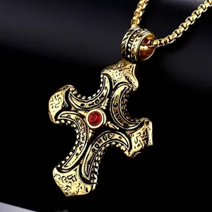 Vintage Gold Plated Stainless Steel Cross Pendant Necklace With Red Zirconia Engraved Religious Gothic Jewelry For Men