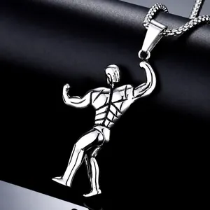 Collar Con Colgante de Hombre Musculoso de Acero Inoxidable Vintage para Hombre Estilo Culturista Fitness Gimnasio Joyería de Moda Oro Acero