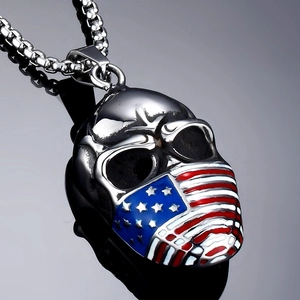 Retro Edelstahl Totenkopf Anhänger mit US-Flaggen Maske und silberner Halskette