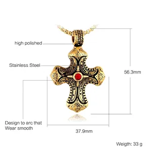 Gothic stainless steel cross pendant with red zircon inlay and ornate engraving