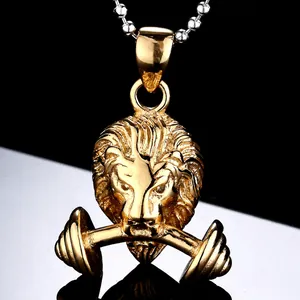 Herren Fitness Löwenkopf Hantel Anhänger Halskette Edelstahl Gold Überzogen Tier Hip Hop Stärke Fitnessstudio Schmuck Geschenk