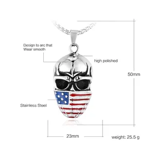 Polierter Totenkopf-Anhänger aus Edelstahl mit US-Flagge im Masken-Design und Punk-Stil