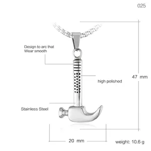 Polished stainless steel men's pendant necklace featuring a detailed hammer design