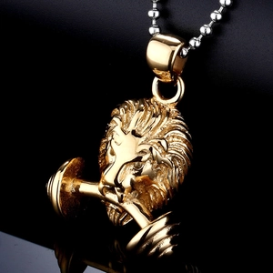 Gouden leeuwenkop halter hanger voor heren met zilveren bolletjesketting ketting