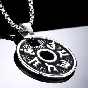 Vintage titanium steel round pendant necklace with embossed mantra for men