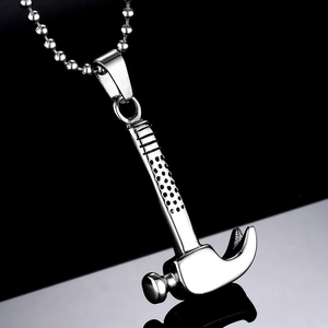 Men's stainless steel hammer pendant necklace with bead chain on black background