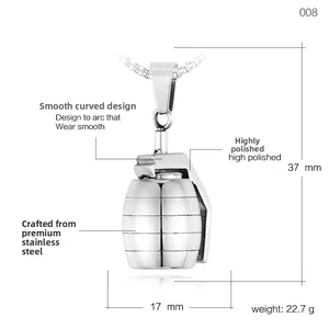 Polished silver stainless steel grenade pendant necklace for men with 37mm height