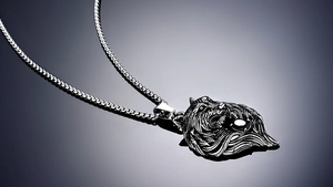 Macro detail of titanium steel wolf head pendant featuring a black gemstone with box chain