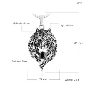 Wolf head pendant necklace in silver steel with black zircon gemstone for men