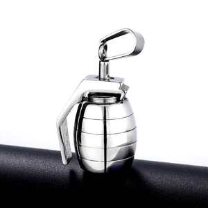 Punk style stainless steel grenade pendant necklace with polished finish on black stand
